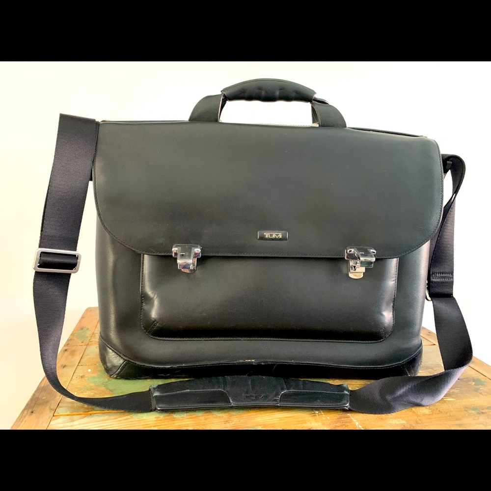 TUMI black leather briefcase w strap and handle